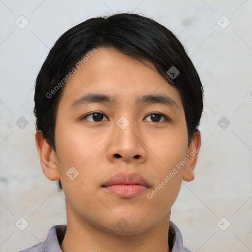 Neutral asian young-adult male with short  black hair and brown eyes