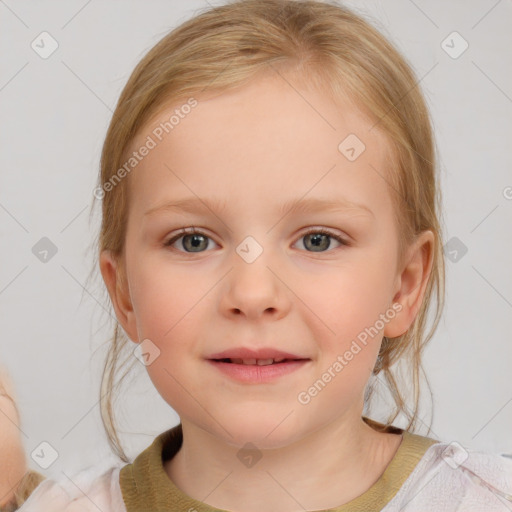 Neutral white child female with medium  brown hair and blue eyes