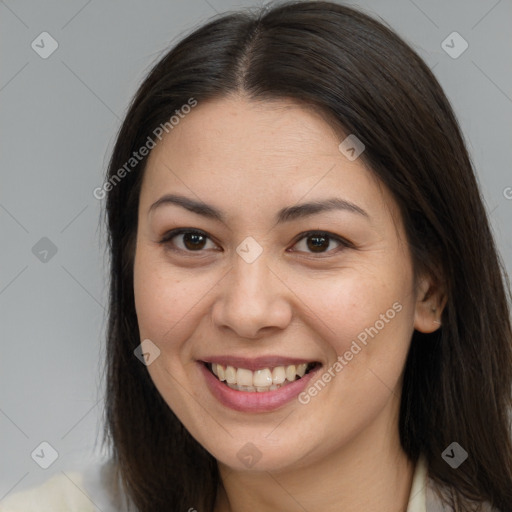 Joyful white young-adult female with medium  brown hair and brown eyes