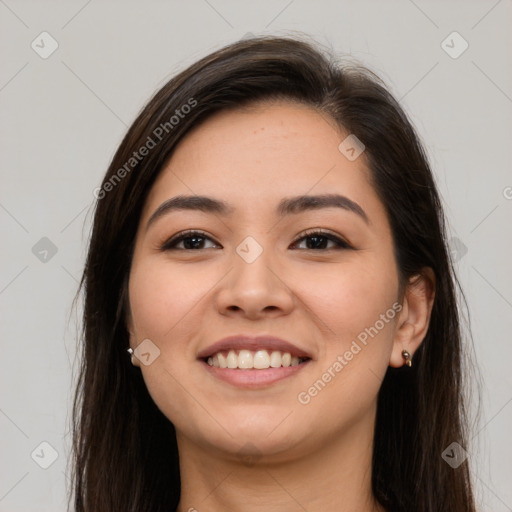 Joyful white young-adult female with long  brown hair and brown eyes