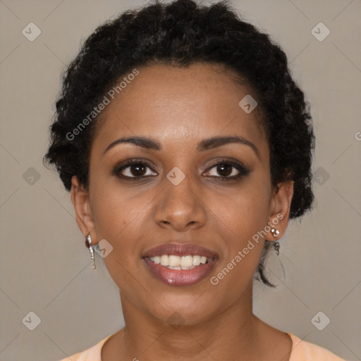 Joyful latino young-adult female with short  brown hair and brown eyes