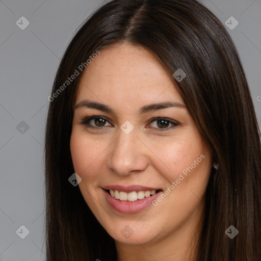 Joyful white young-adult female with long  brown hair and brown eyes