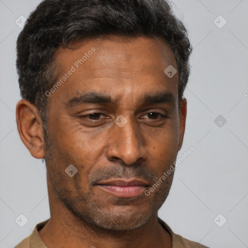 Neutral latino adult male with short  brown hair and brown eyes