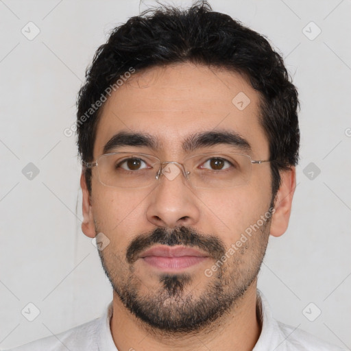 Neutral white young-adult male with short  black hair and brown eyes