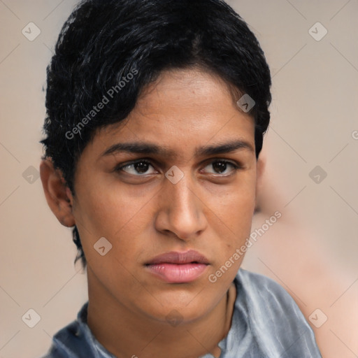 Neutral latino young-adult male with short  brown hair and brown eyes