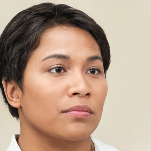 Neutral latino young-adult female with short  brown hair and brown eyes