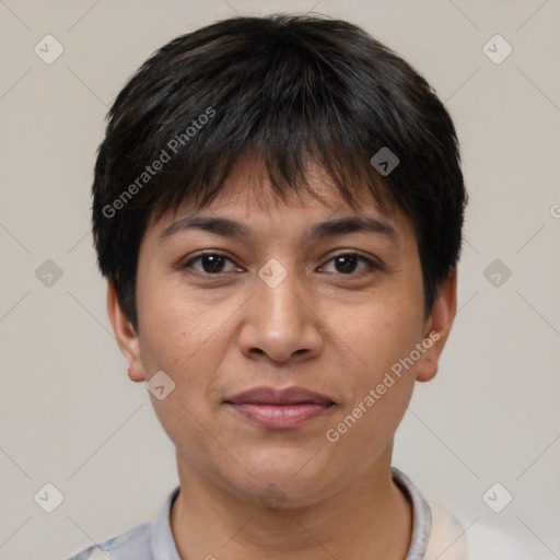 Joyful white adult female with short  brown hair and brown eyes