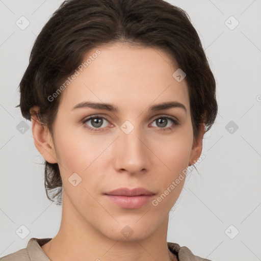 Neutral white young-adult female with short  brown hair and brown eyes