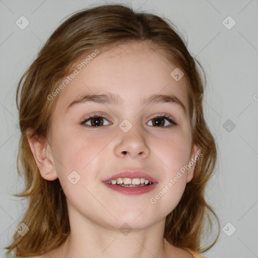 Joyful white child female with medium  brown hair and brown eyes