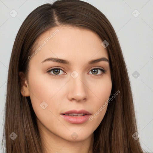 Neutral white young-adult female with long  brown hair and brown eyes