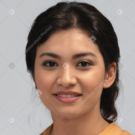 Joyful asian young-adult female with medium  black hair and brown eyes