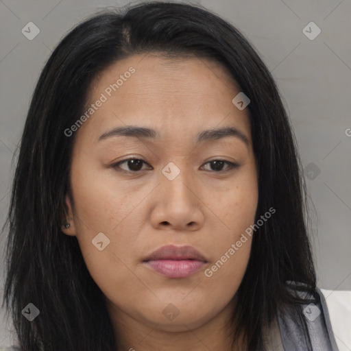 Joyful asian young-adult female with long  brown hair and brown eyes