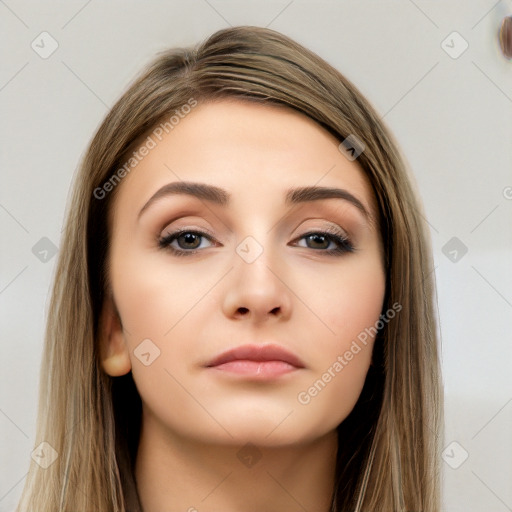 Neutral white young-adult female with long  brown hair and brown eyes