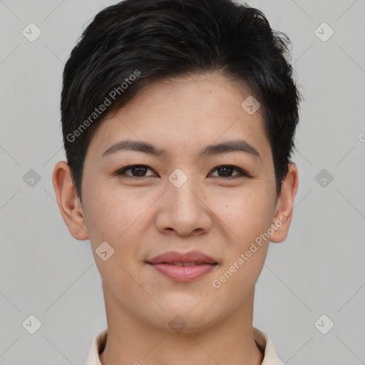 Joyful asian young-adult female with short  brown hair and brown eyes