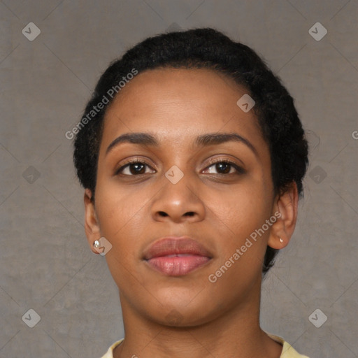 Neutral black young-adult female with short  black hair and brown eyes