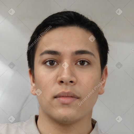 Neutral asian young-adult male with short  brown hair and brown eyes