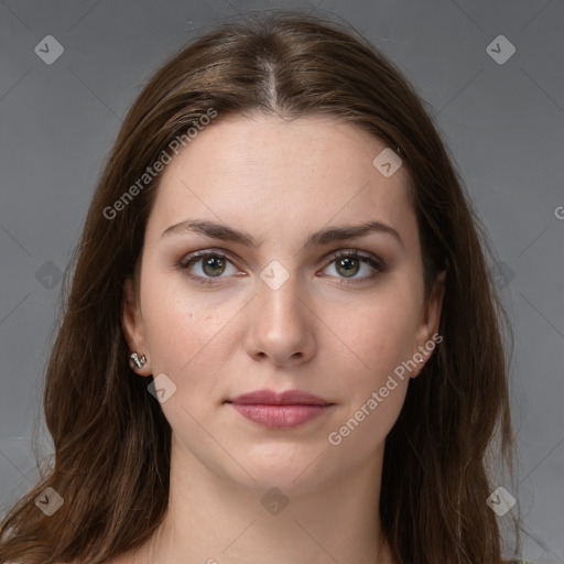 Neutral white young-adult female with long  brown hair and grey eyes