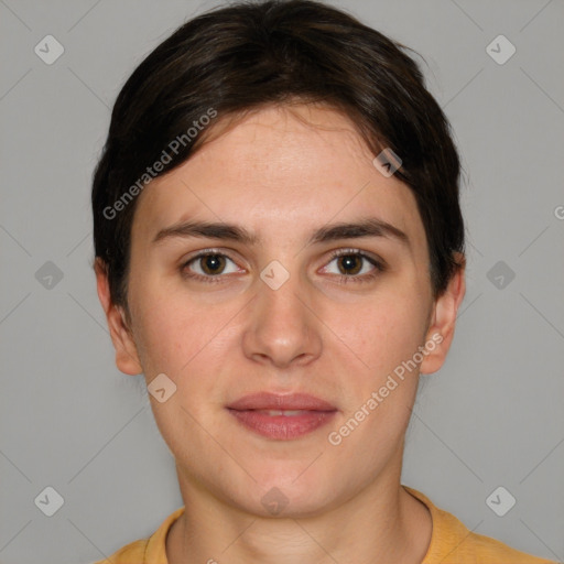 Joyful white young-adult female with short  brown hair and brown eyes