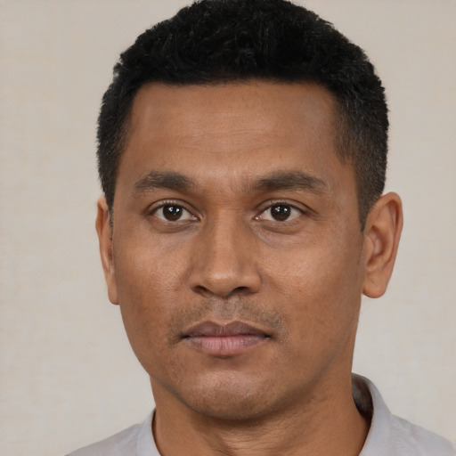 Neutral black adult male with short  black hair and brown eyes