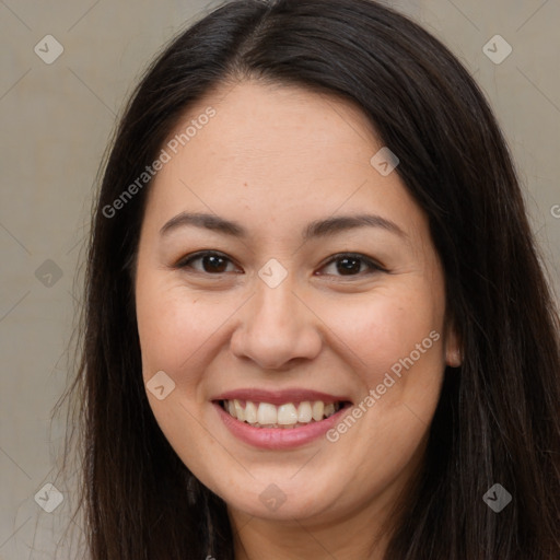 Joyful white young-adult female with long  brown hair and brown eyes