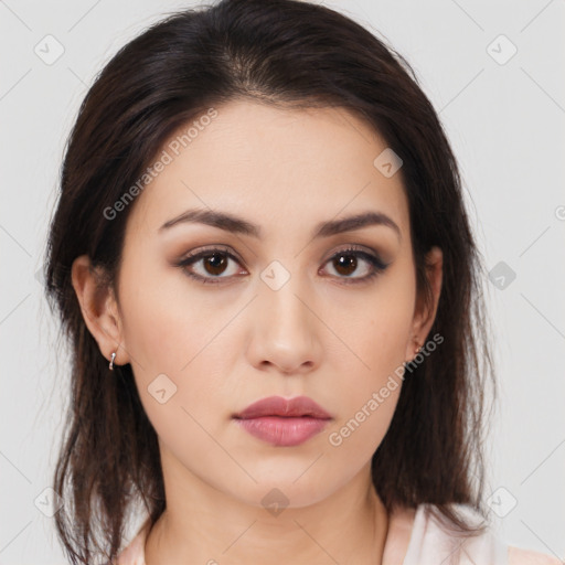 Neutral white young-adult female with medium  brown hair and brown eyes