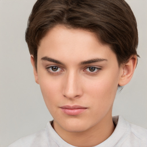 Neutral white young-adult female with short  brown hair and brown eyes