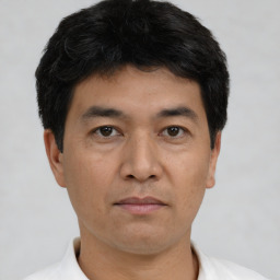 Neutral asian adult male with short  black hair and brown eyes