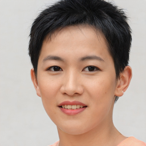 Joyful asian young-adult female with short  black hair and brown eyes