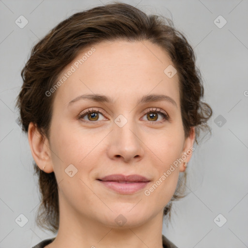 Joyful white young-adult female with medium  brown hair and green eyes