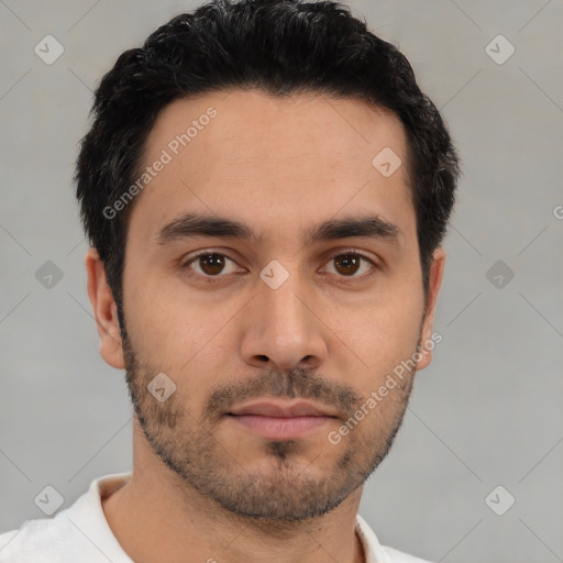 Neutral asian young-adult male with short  black hair and brown eyes