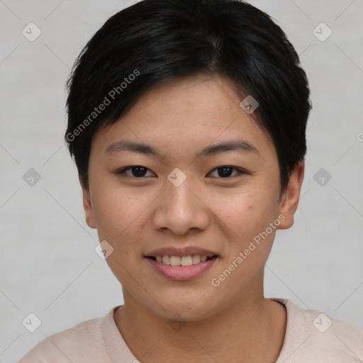 Joyful asian young-adult female with short  black hair and brown eyes