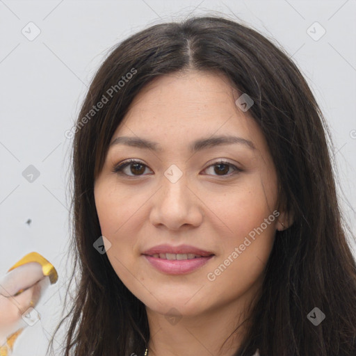 Joyful white young-adult female with long  brown hair and brown eyes