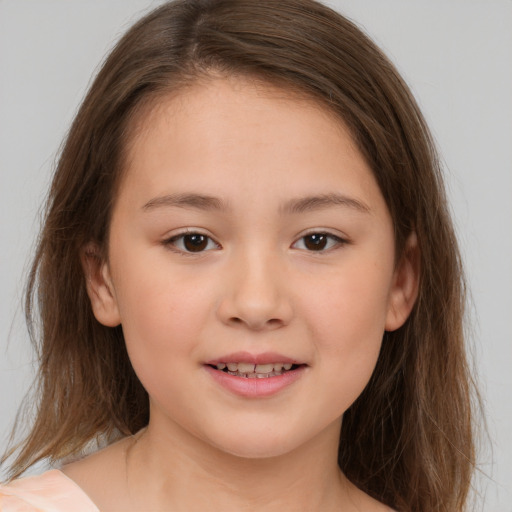 Joyful white child female with medium  brown hair and brown eyes