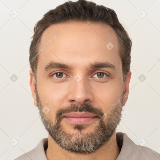 Neutral white adult male with short  brown hair and brown eyes