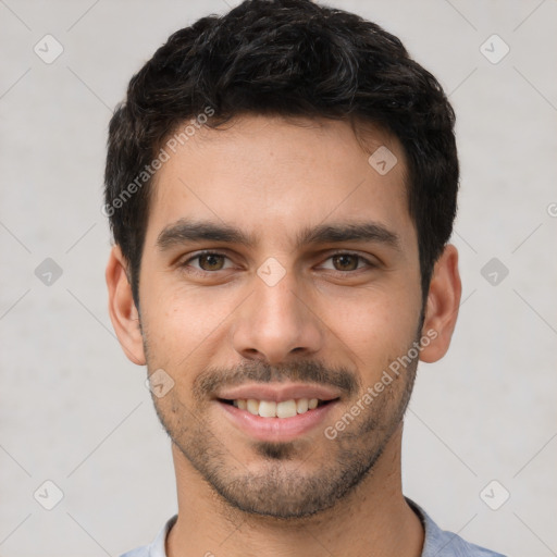 Joyful white young-adult male with short  black hair and brown eyes