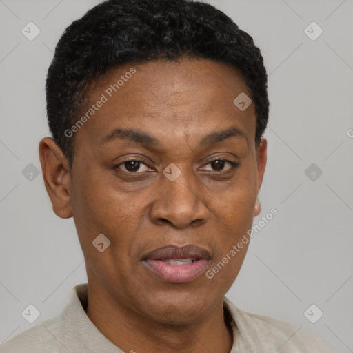 Joyful black adult male with short  black hair and brown eyes