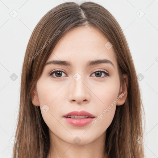 Neutral white young-adult female with long  brown hair and brown eyes