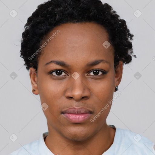 Neutral black young-adult female with short  black hair and brown eyes