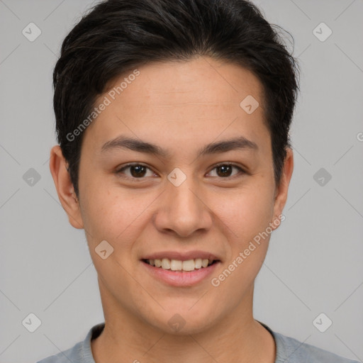 Joyful white young-adult female with short  brown hair and brown eyes