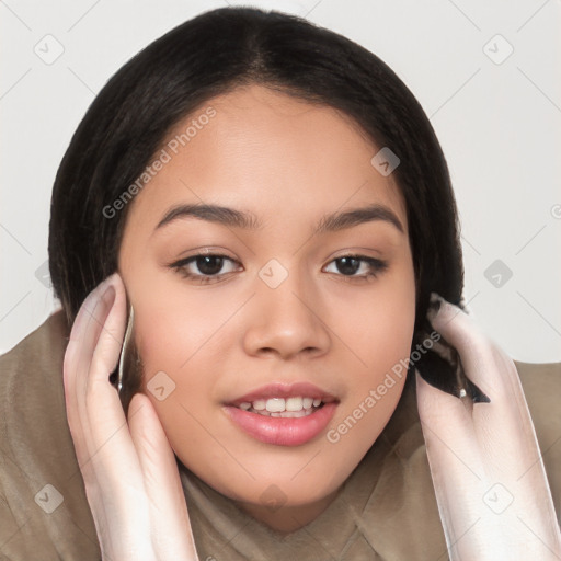 Joyful white young-adult female with long  brown hair and brown eyes