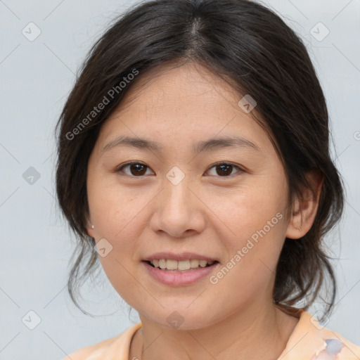 Joyful white young-adult female with medium  brown hair and brown eyes