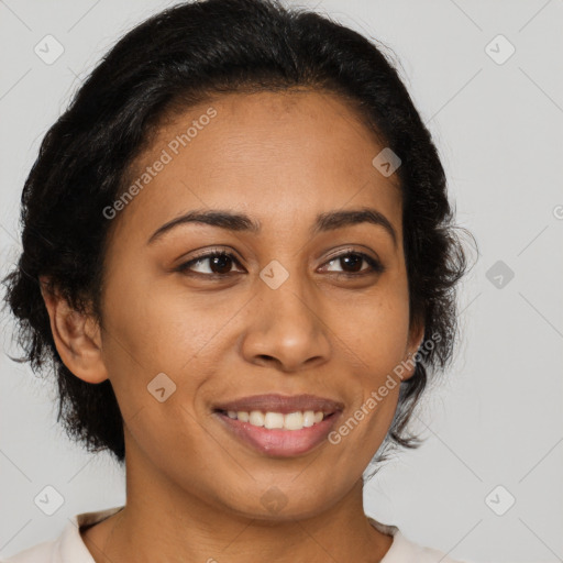 Joyful latino young-adult female with medium  brown hair and brown eyes