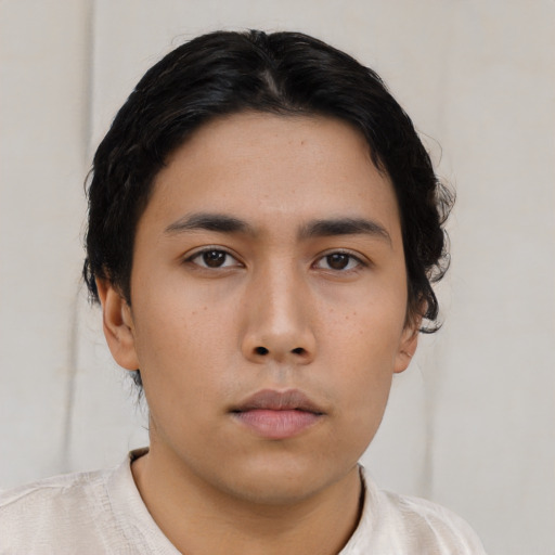 Neutral asian young-adult male with short  black hair and brown eyes