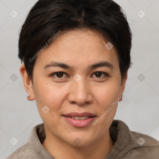 Joyful white adult female with short  brown hair and brown eyes