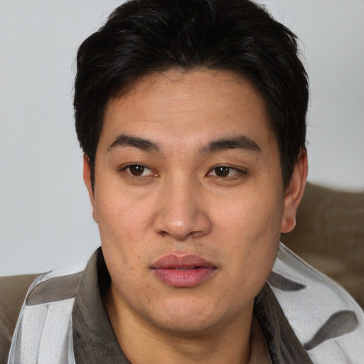 Joyful asian adult male with short  brown hair and brown eyes
