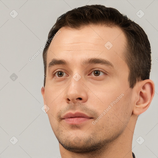 Neutral white young-adult male with short  brown hair and brown eyes