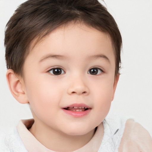 Joyful white child female with short  brown hair and brown eyes