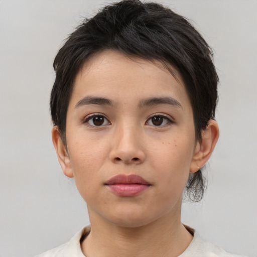 Neutral asian young-adult female with short  brown hair and brown eyes