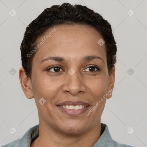 Joyful white adult female with short  brown hair and brown eyes