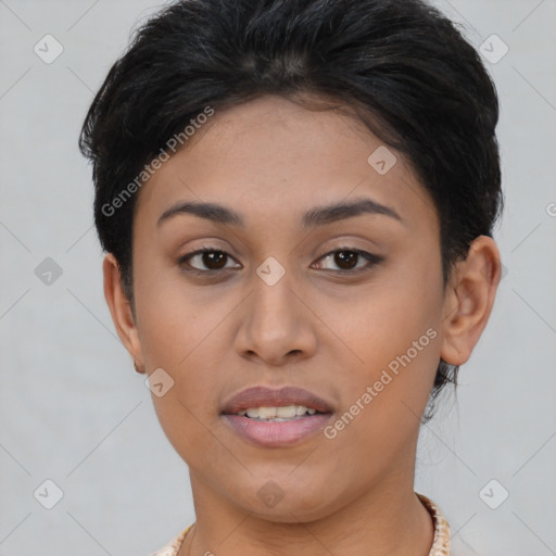 Joyful asian young-adult female with short  brown hair and brown eyes